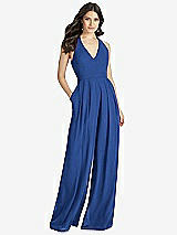 Front View Thumbnail - Classic Blue V-Neck Backless Pleated Front Jumpsuit