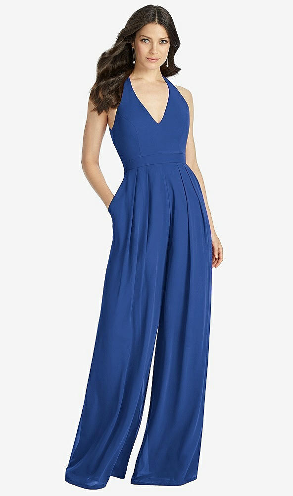 Front View - Classic Blue V-Neck Backless Pleated Front Jumpsuit