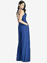 Rear View Thumbnail - Classic Blue V-Neck Backless Pleated Front Jumpsuit