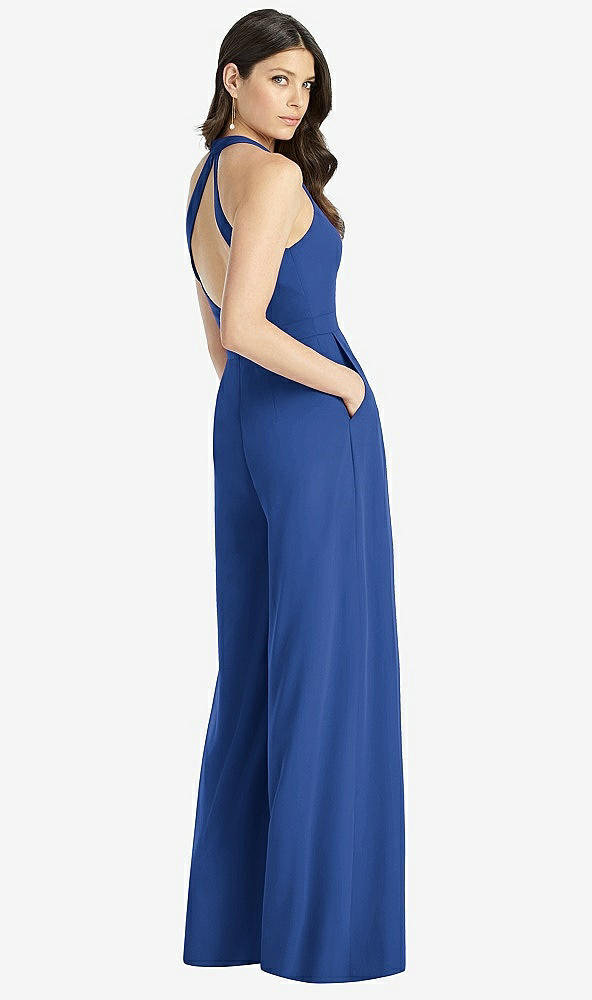 Back View - Classic Blue V-Neck Backless Pleated Front Jumpsuit