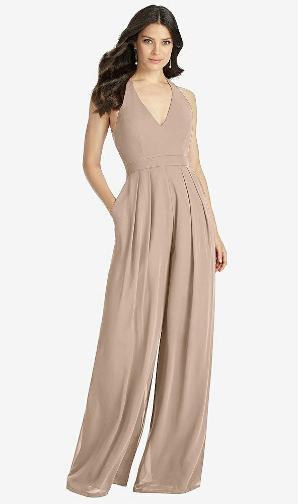 Front View - Topaz V-Neck Backless Pleated Front Jumpsuit