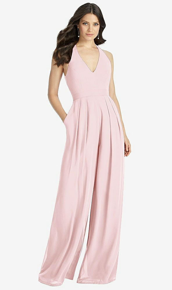 Front View - Ballet Pink V-Neck Backless Pleated Front Jumpsuit