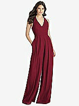 Front View Thumbnail - Burgundy V-Neck Backless Pleated Front Jumpsuit