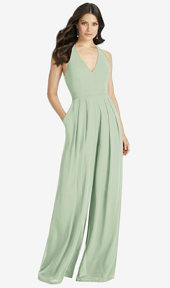 Front View - Celadon V-Neck Backless Pleated Front Jumpsuit