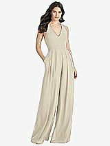 Front View Thumbnail - Champagne V-Neck Backless Pleated Front Jumpsuit