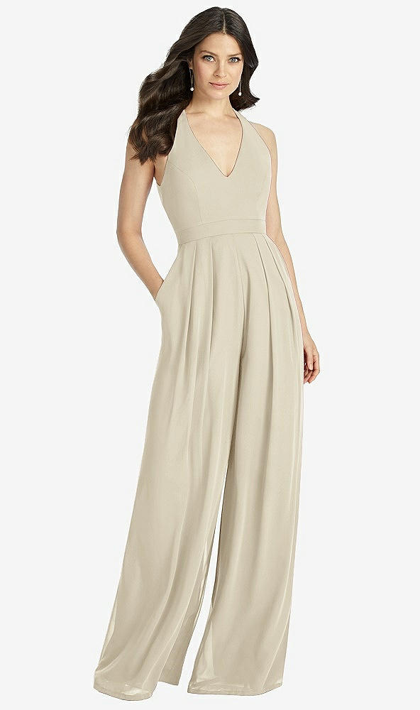 Front View - Champagne V-Neck Backless Pleated Front Jumpsuit