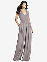 Front View Thumbnail - Cashmere Gray V-Neck Backless Pleated Front Jumpsuit