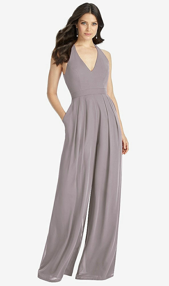 Front View - Cashmere Gray V-Neck Backless Pleated Front Jumpsuit