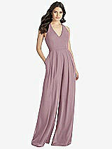 Front View Thumbnail - Dusty Rose V-Neck Backless Pleated Front Jumpsuit