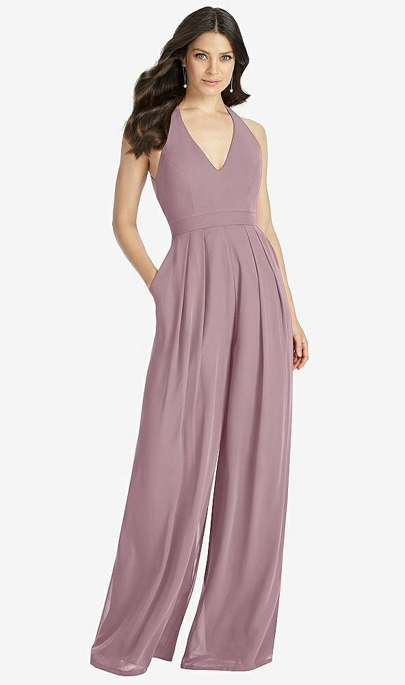 Front View - Dusty Rose V-Neck Backless Pleated Front Jumpsuit