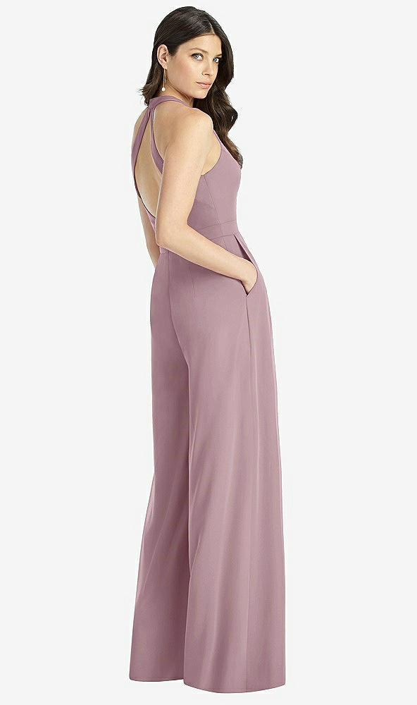 Back View - Dusty Rose V-Neck Backless Pleated Front Jumpsuit