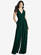 Front View Thumbnail - Evergreen V-Neck Backless Pleated Front Jumpsuit