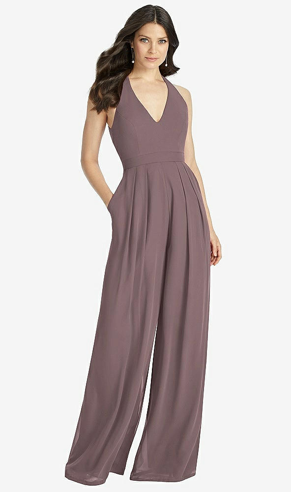 Front View - French Truffle V-Neck Backless Pleated Front Jumpsuit