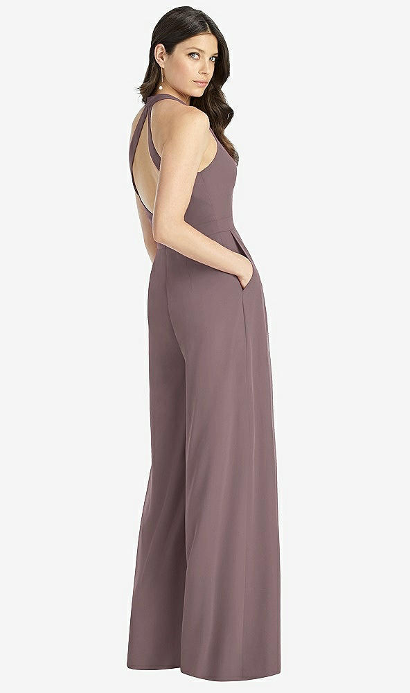 Back View - French Truffle V-Neck Backless Pleated Front Jumpsuit