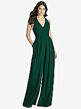 Front View Thumbnail - Hunter Green V-Neck Backless Pleated Front Jumpsuit