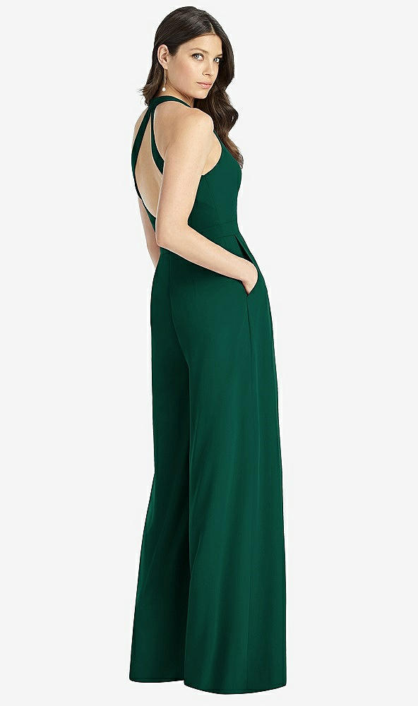 Back View - Hunter Green V-Neck Backless Pleated Front Jumpsuit