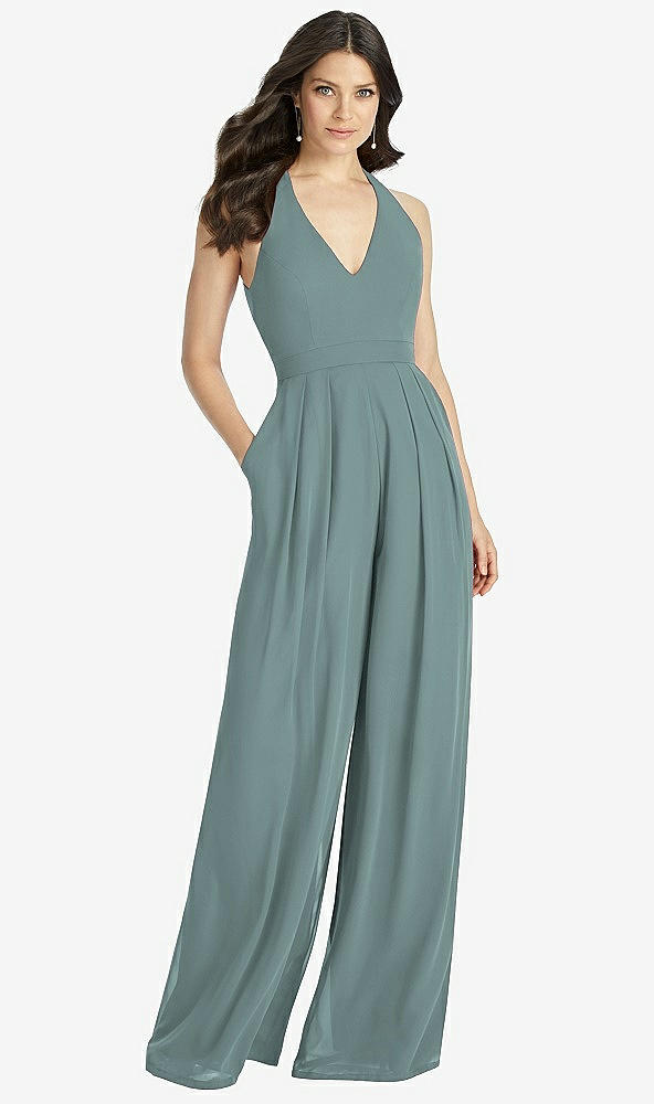 Front View - Icelandic V-Neck Backless Pleated Front Jumpsuit