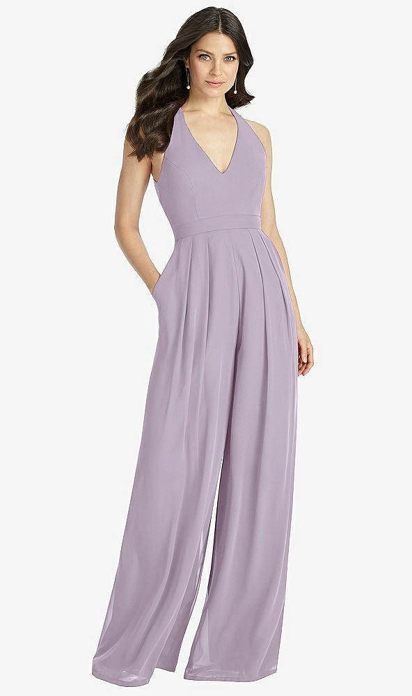 Front View - Lilac Haze V-Neck Backless Pleated Front Jumpsuit