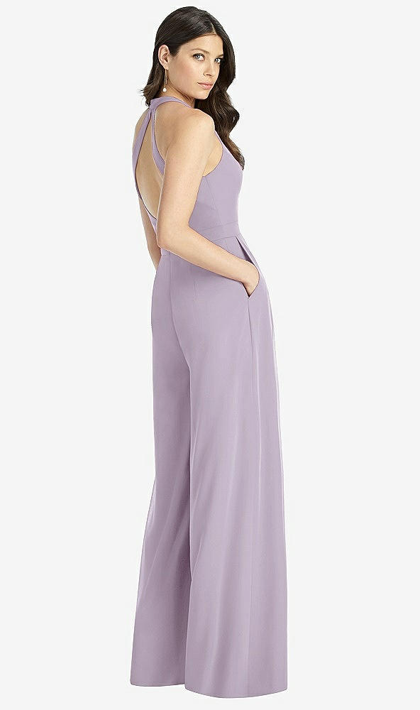 Back View - Lilac Haze V-Neck Backless Pleated Front Jumpsuit