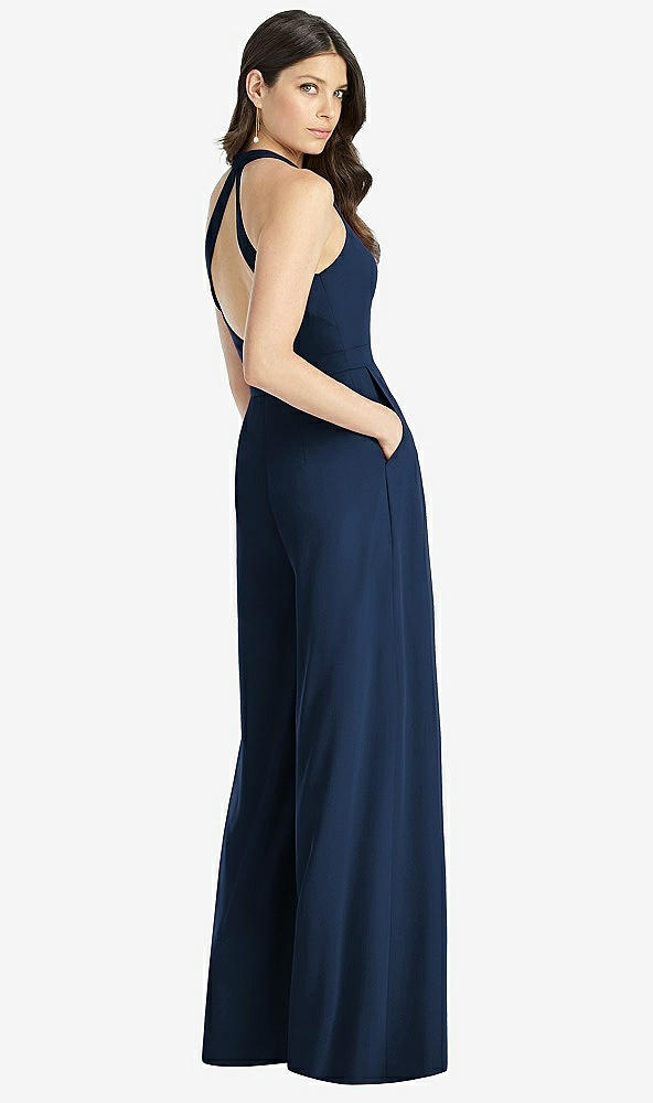 Back View - Midnight Navy V-Neck Backless Pleated Front Jumpsuit