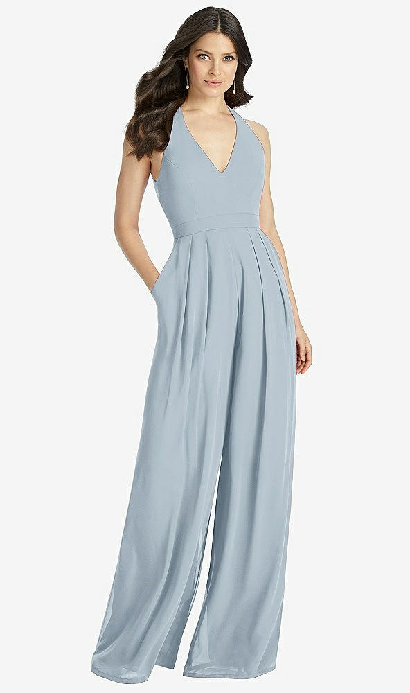 Front View - Mist V-Neck Backless Pleated Front Jumpsuit