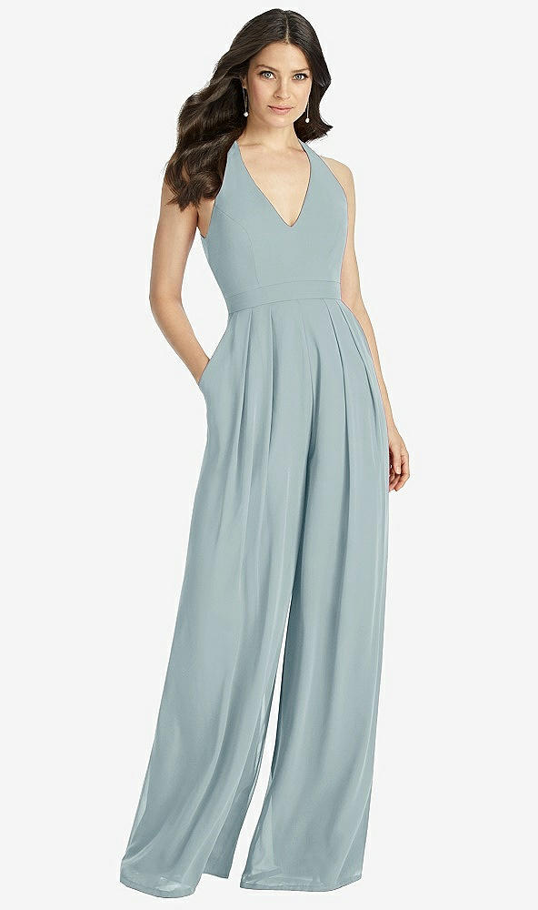 Front View - Morning Sky V-Neck Backless Pleated Front Jumpsuit