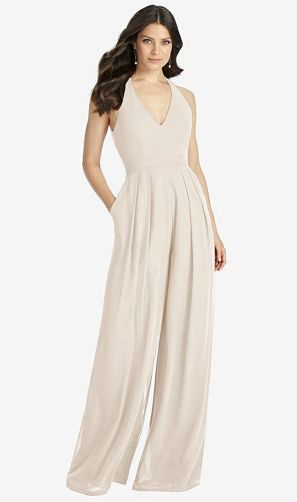 Front View - Oat V-Neck Backless Pleated Front Jumpsuit