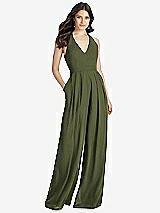 Front View Thumbnail - Olive Green V-Neck Backless Pleated Front Jumpsuit