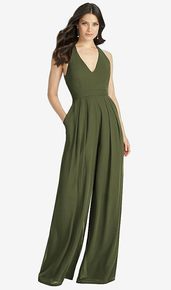 Front View - Olive Green V-Neck Backless Pleated Front Jumpsuit