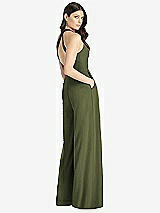 Rear View Thumbnail - Olive Green V-Neck Backless Pleated Front Jumpsuit