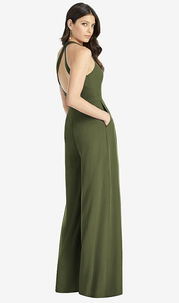 Back View - Olive Green V-Neck Backless Pleated Front Jumpsuit