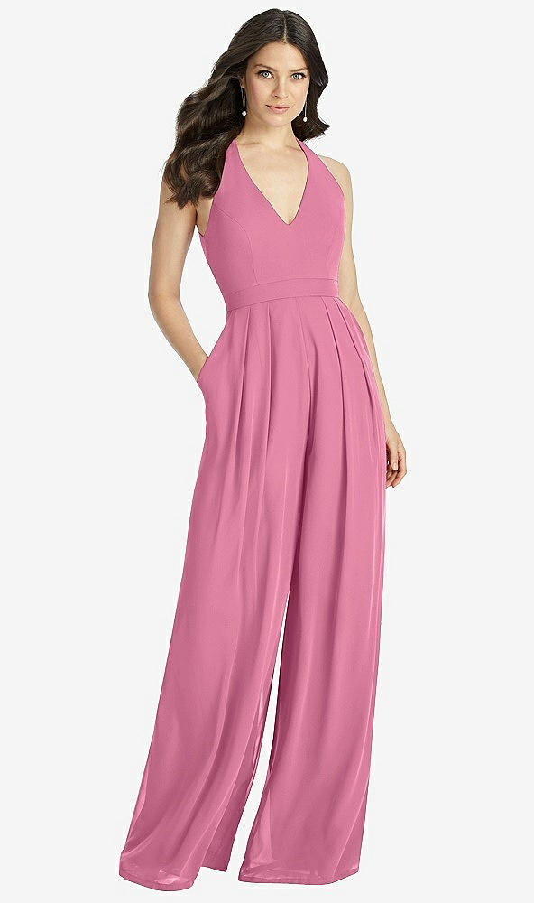 Front View - Orchid Pink V-Neck Backless Pleated Front Jumpsuit