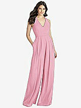 Front View Thumbnail - Peony Pink V-Neck Backless Pleated Front Jumpsuit