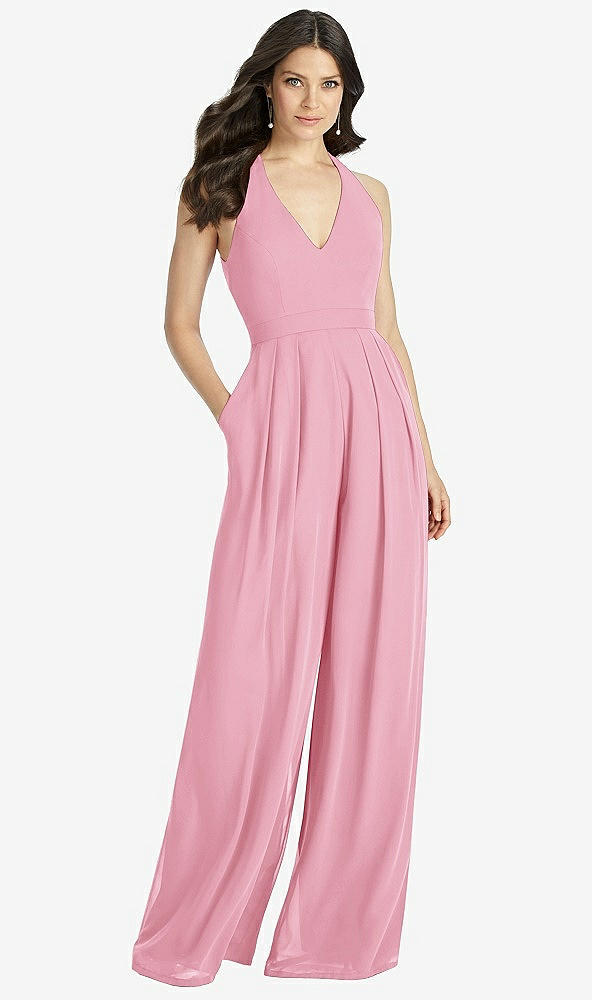 Front View - Peony Pink V-Neck Backless Pleated Front Jumpsuit