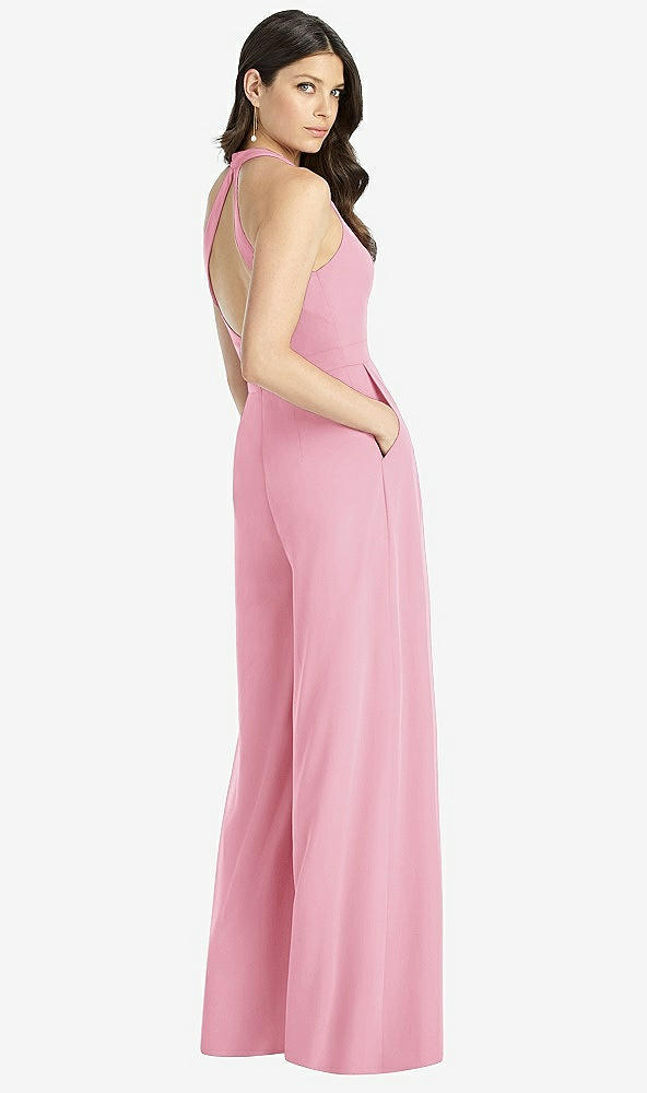 Back View - Peony Pink V-Neck Backless Pleated Front Jumpsuit
