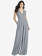 Front View Thumbnail - Platinum V-Neck Backless Pleated Front Jumpsuit