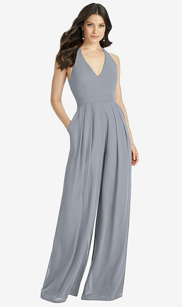 Front View - Platinum V-Neck Backless Pleated Front Jumpsuit