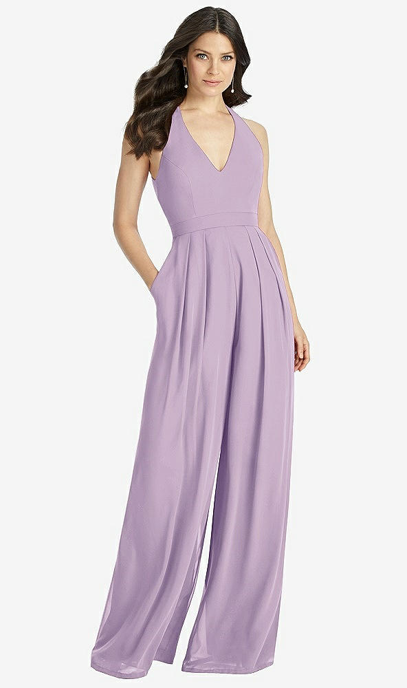 Front View - Pale Purple V-Neck Backless Pleated Front Jumpsuit