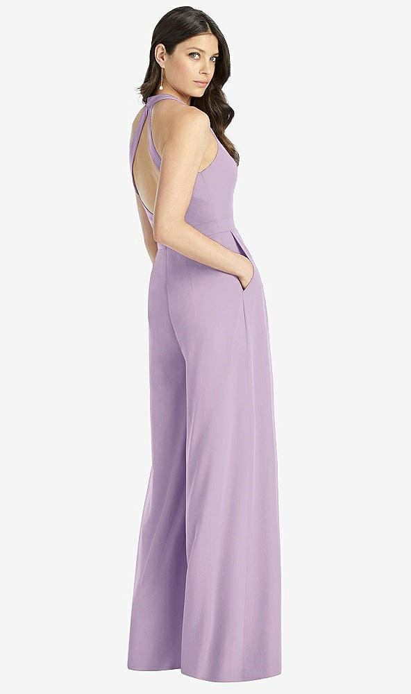 Back View - Pale Purple V-Neck Backless Pleated Front Jumpsuit
