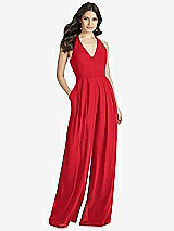 Front View Thumbnail - Parisian Red V-Neck Backless Pleated Front Jumpsuit