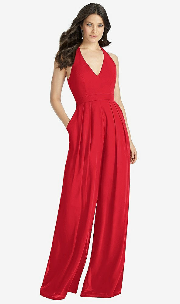 Front View - Parisian Red V-Neck Backless Pleated Front Jumpsuit