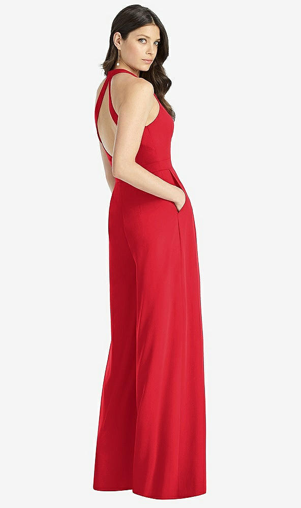 Back View - Parisian Red V-Neck Backless Pleated Front Jumpsuit