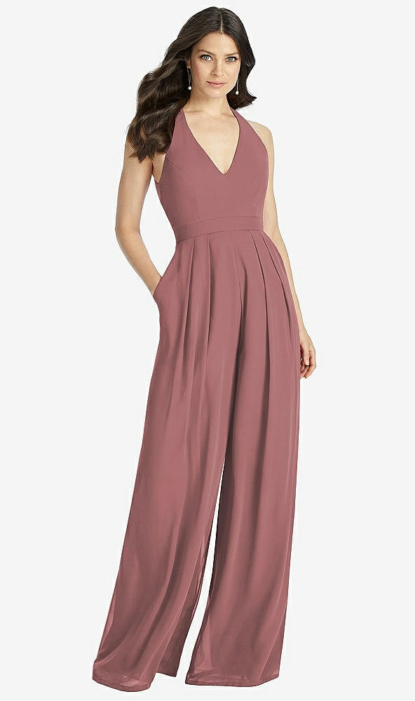 Front View - Rosewood V-Neck Backless Pleated Front Jumpsuit
