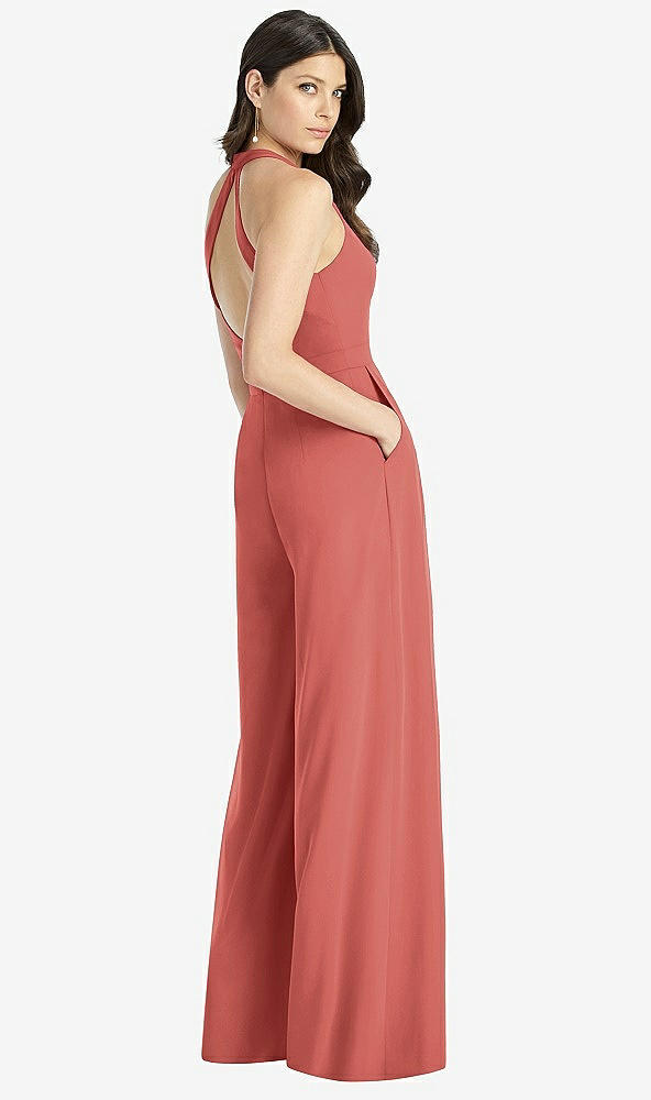 Back View - Coral Pink V-Neck Backless Pleated Front Jumpsuit