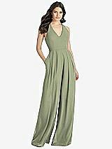 Front View Thumbnail - Sage V-Neck Backless Pleated Front Jumpsuit