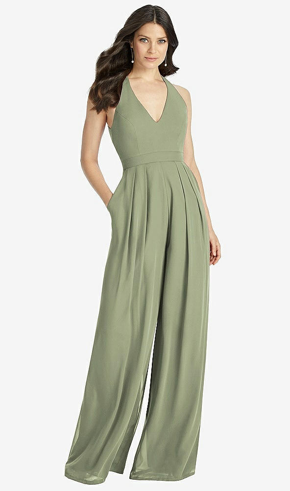 Front View - Sage V-Neck Backless Pleated Front Jumpsuit