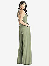 Rear View Thumbnail - Sage V-Neck Backless Pleated Front Jumpsuit