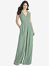 Front View Thumbnail - Seagrass V-Neck Backless Pleated Front Jumpsuit