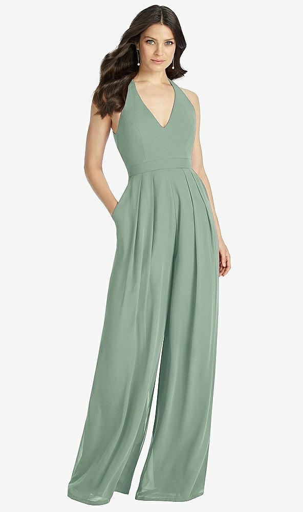 Front View - Seagrass V-Neck Backless Pleated Front Jumpsuit