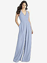 Front View Thumbnail - Sky Blue V-Neck Backless Pleated Front Jumpsuit